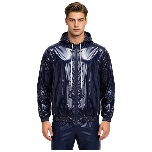 Mens Waterproof Hooded Raincoat Long Sleeve Front Zipper Rain Jacket Windbreaker with Drawstring Hood for Hiking Fishing Biking