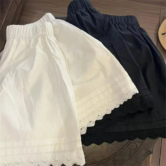 White Lace Trim Patchwork Casual Shorts for Women's High Waisted Wide Leg Vacation Beach Pants Loose Thin Bottoms Home Shorts
