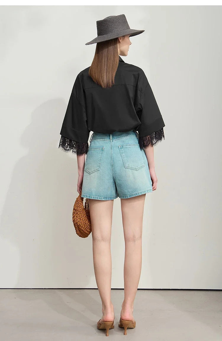 Minimalist Cotton Shirts for Women 2025 Summer New Solid Lapel Shoulder Half-sleeve Lace Splicing Loose Tops 12542096