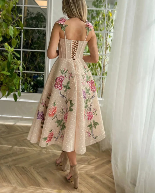 Customized Vintage Pink Prom Dresses Tea Length Wedding Party Dresses Short Appliqued Little Party Gowns Corset Back with Straps