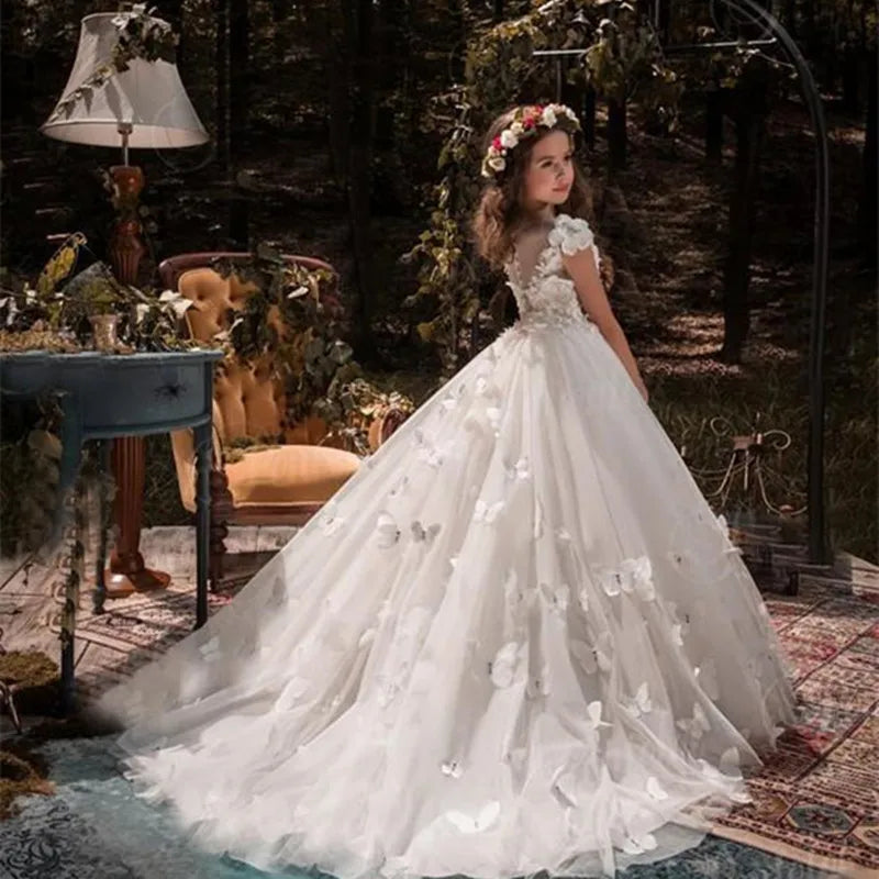 Flower Girl Dresses Tulle Beading Appliqued Pageant Dresses For Girls First Communion Dresses Kids Prom Dresses