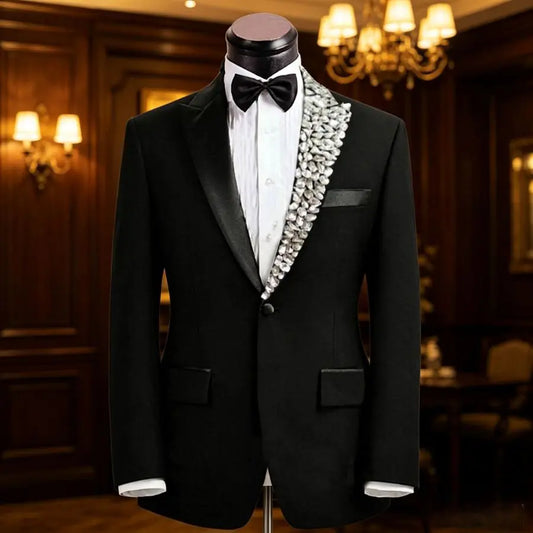 Luxury Beaded Formal Men Suits with Crystal 2 Pieces Wedding Tuxedo for Groom Slim Fit Prom Party Blazer Jacket Pants Set Outfit
