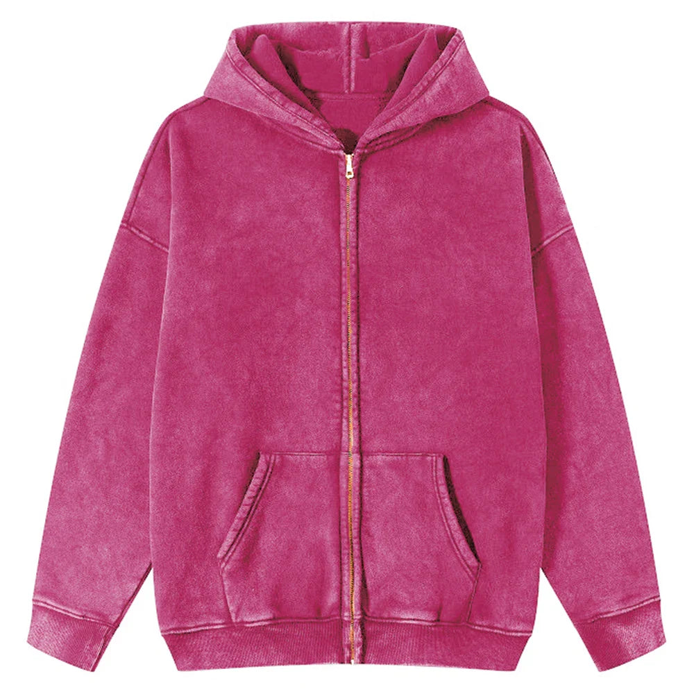 Autumn Solid Color 100% Cotton Women Washed Hoodie Sport Casual Zipper Hoody Y2K Jogging Streetwear Harajuku Soft Hoodies