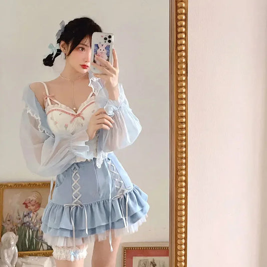 تنورة يابانية كاواي قصيرة للنساء، تنورة صيفية كاجوال أنيقة بتصميم لوليتا مثيرة بخصر عالٍ ورباط من الدانتيل Y2k تنورة حلوة 2024