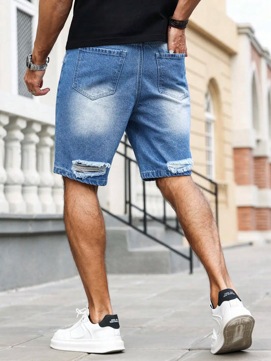 Men's Summer Blue Ripped Printed Denim Shorts. Trendy Ripped Design. Stylish Text Prints.