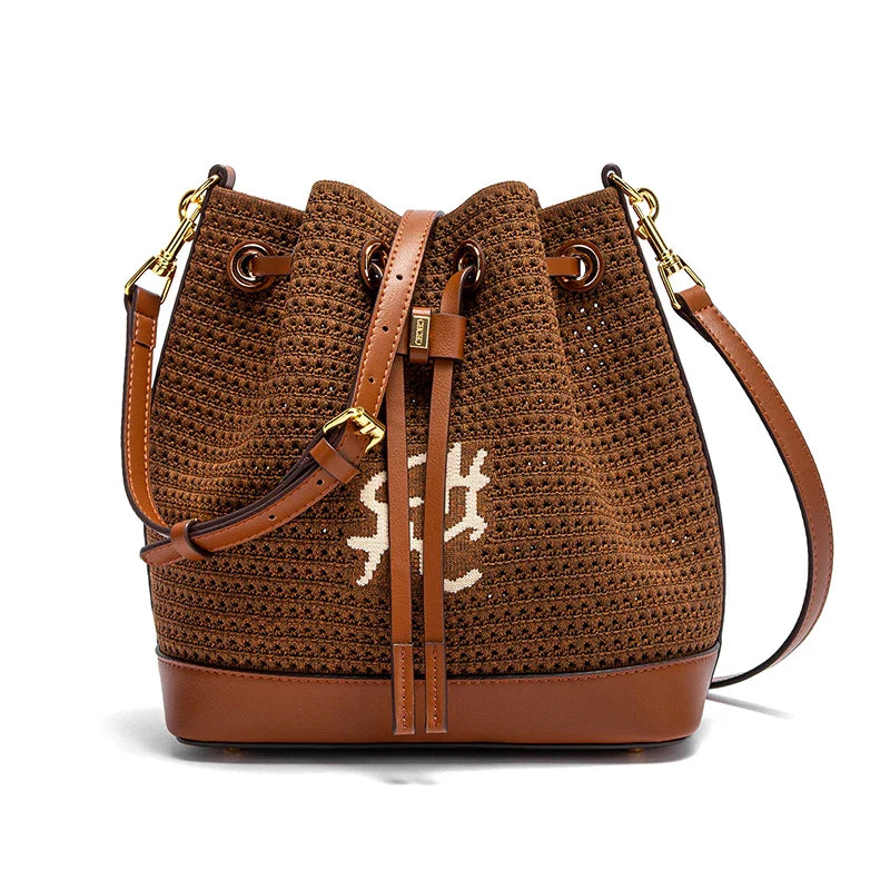 Women's Bucket Bag Spring New Fabric Splicing Design Handbag Vacation Style Women's Shoulder Bag