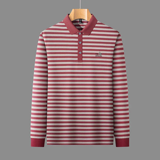 2025 new spring and autumn season new men's striped long sleeved T-shirt business casual lapel polo shirt base top