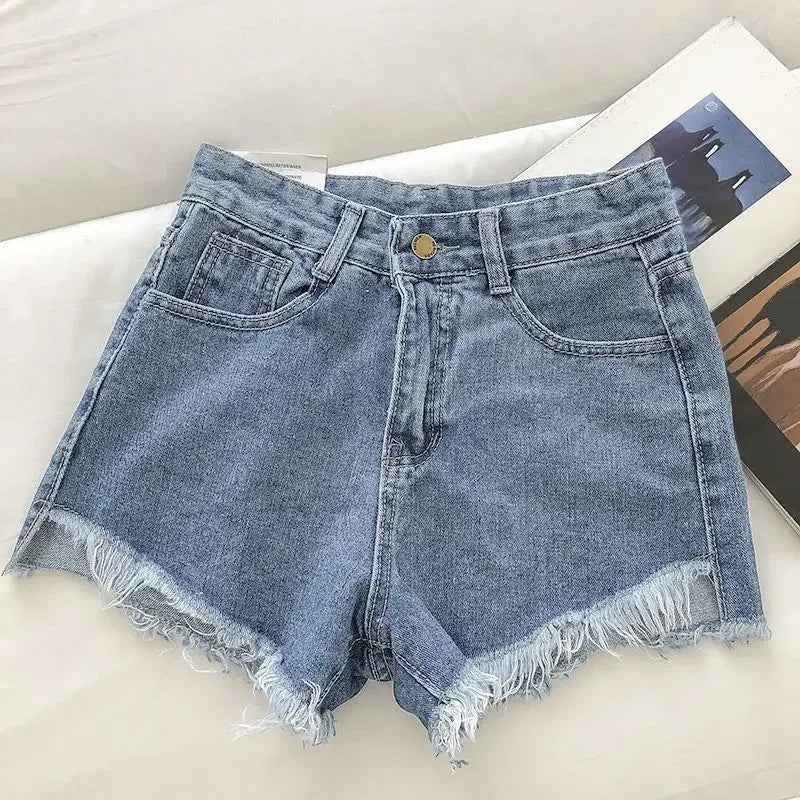 2025 New Summer Women High Wiast Raw Hem Denim Shorts Soild White Black Blue Korean Wide Leg Pants Mon Shorts Jean Shorts