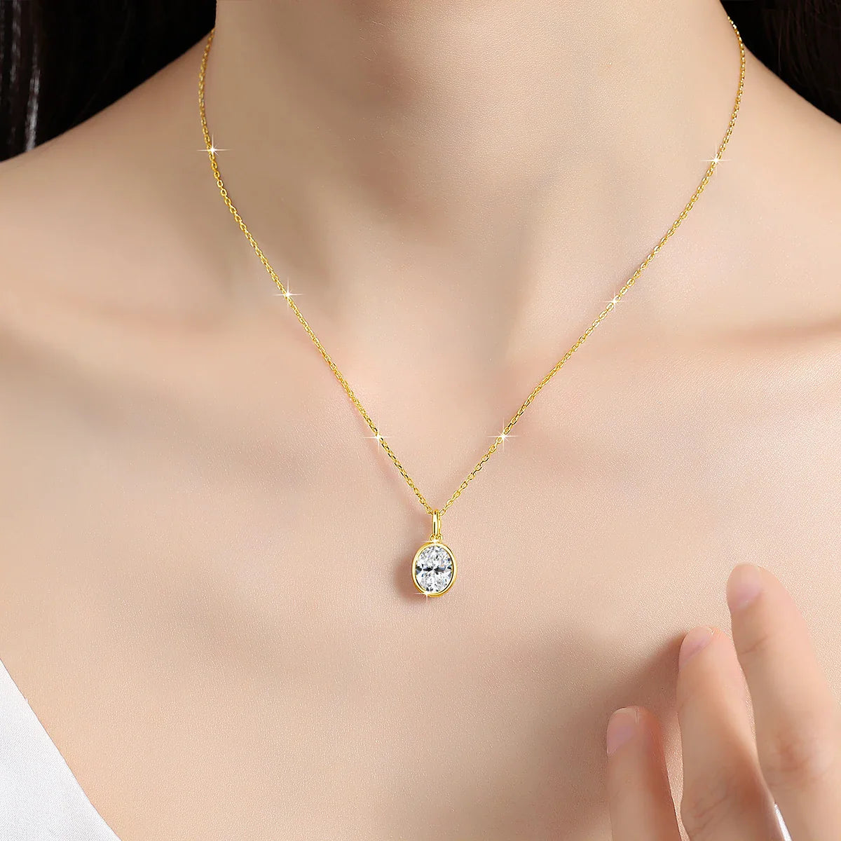 AU585 Gold 14K Oval Cut Moissanite Bezel Pendant Necklace for Women Wedding Party Fine Jewelry Valentine's Day Gift