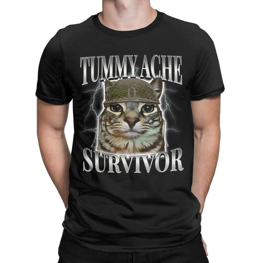 Tummy Ache Survivor Cat Meme Funny Saying Cats Animals T Shirt Summer Pure Cotton T-Shirts For Men's Trending Casual Tee Shirt