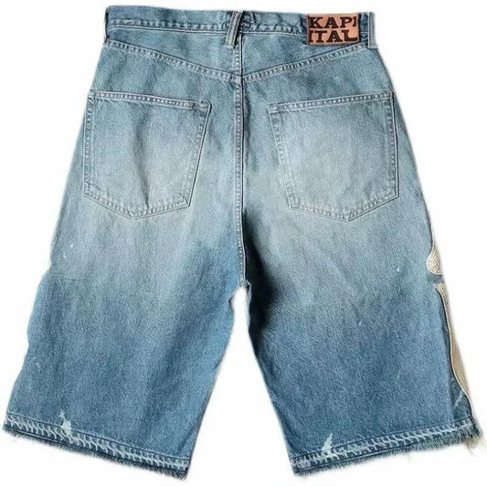 Y2k Retro Harajuku Denim Shorts Women's Washed Patchwork Tassel American Retro Jeans Men's Loose Hip-hop Bone Denim Shorts 2025