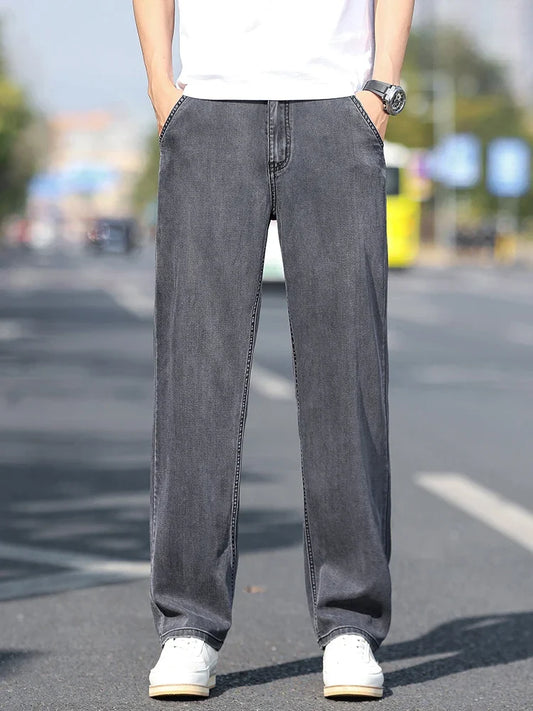 Loose Wide-leg Men's Thin Jeans Lyocell Soft Drape Fabric Comfort Trousers Spring Summer Fashion Brand Washing Denim Pants
