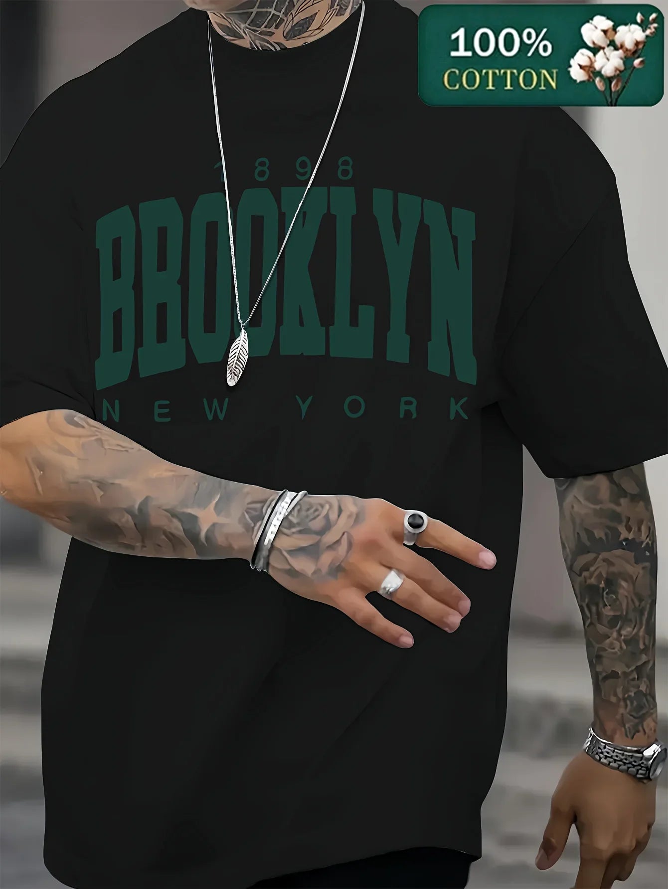 Men's Summer 100% Cotton Fashion 1898 Brooklyn New York Loose Casual Sports Round Neck Short Sleeve T-shirt Versatile Top