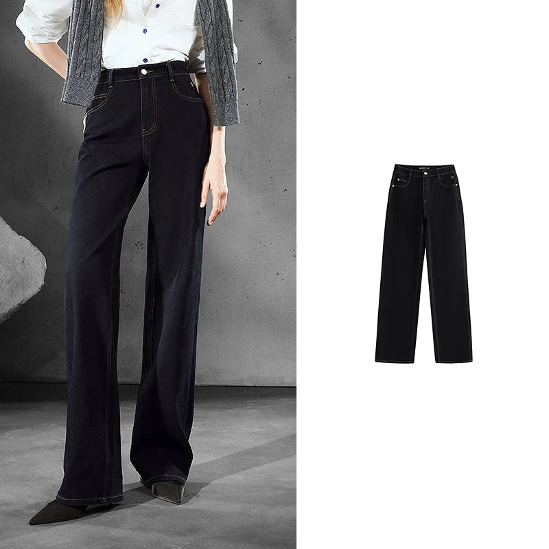 Women Denim Jeans 2025 Autumn New Lycra Stretch Straight Wide Leg Long pants