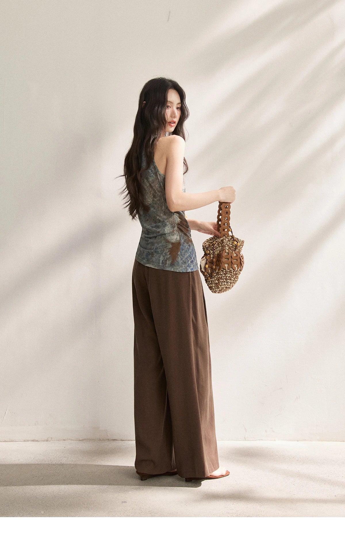 Women Blue Handmade Tie-Dye Tank Top 2026 Summer New Cowl Neck Ruched Waist Irregular Hem Slim Casual Vest MXF22D2372
