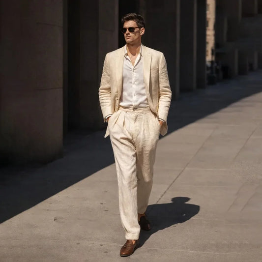 Beige Linen Prom Suits for Men 2 Pieces Wedding Tuxedo Slim Fit Groom Blazer Trousers Set Summer Formal Attire men suit set