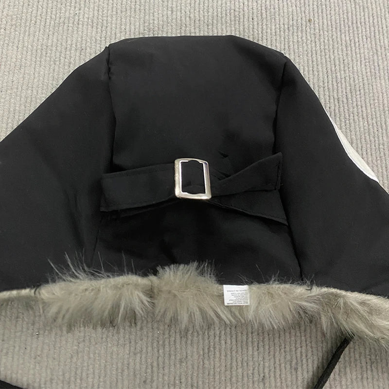 Y2K Star Patch Wool Like Lined Lei Feng Hat Unisex Black Autumn Winter Warm Ear Protection Trapper Hat for Outdoor Activities