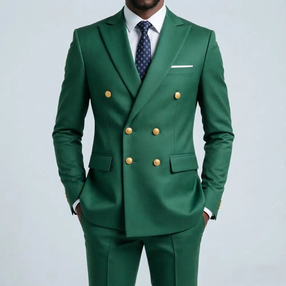 Mens Beige Slim Fit Double Breasted 2 Piece Formal Wedding Tuxedo Gold Buttons Flap Pockets Decorative Cuff Buttons Groom Prom
