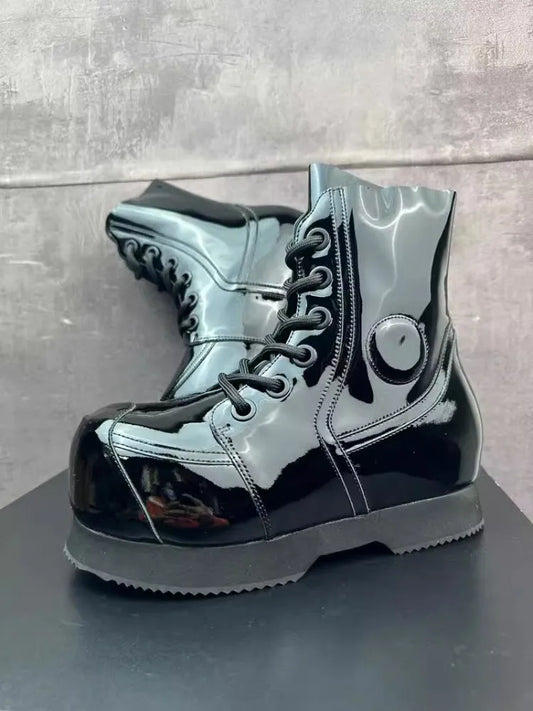 High Street Mens Round Tote High Top Cowhide Genuine Leather Ankle Boots Punk Style Stage Show Shoes Platform Work Safty Shoes
