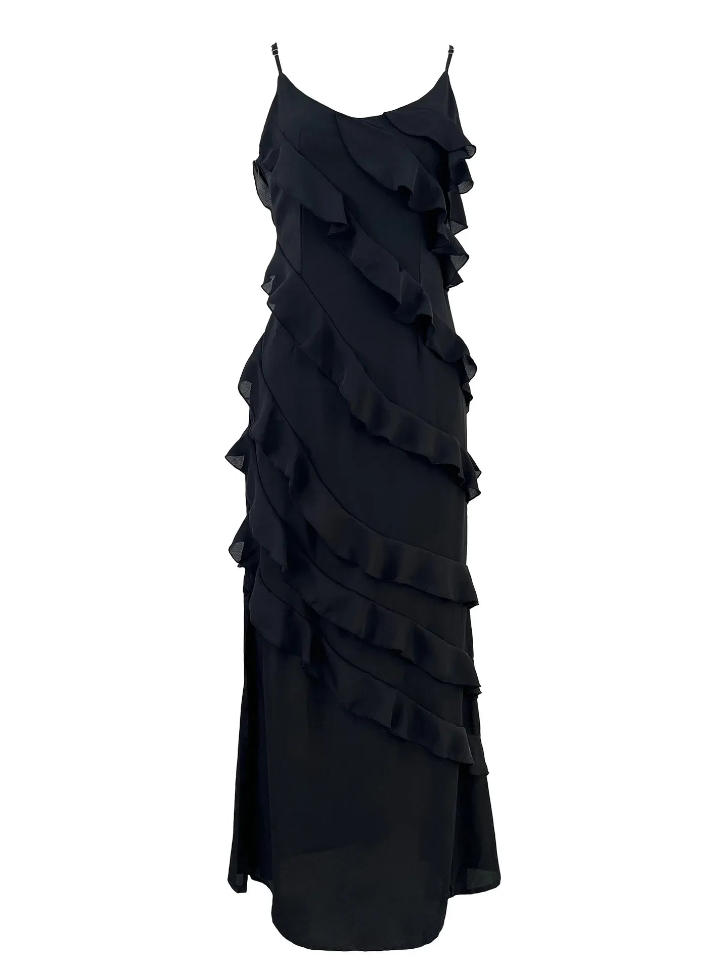 2024 Summer Fashion New Elegant Women's Sexy Chiffon Vacation Style Sling Dress with Ruffle Edge Style Long Dress