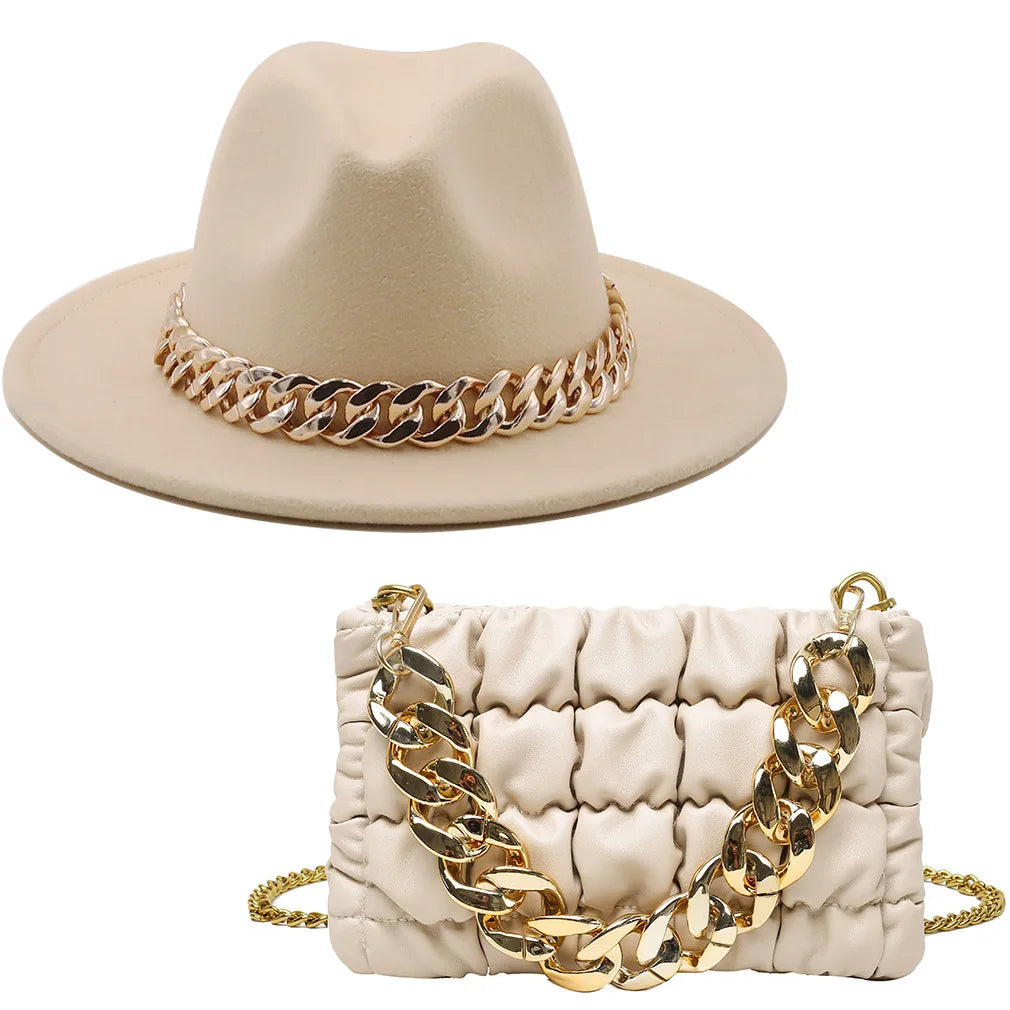 Hat For Women Autumn Winter New Party Jazz Fedora Hats With Fashion Luxury Oversized Chain Accessory Bag Two-piece Set