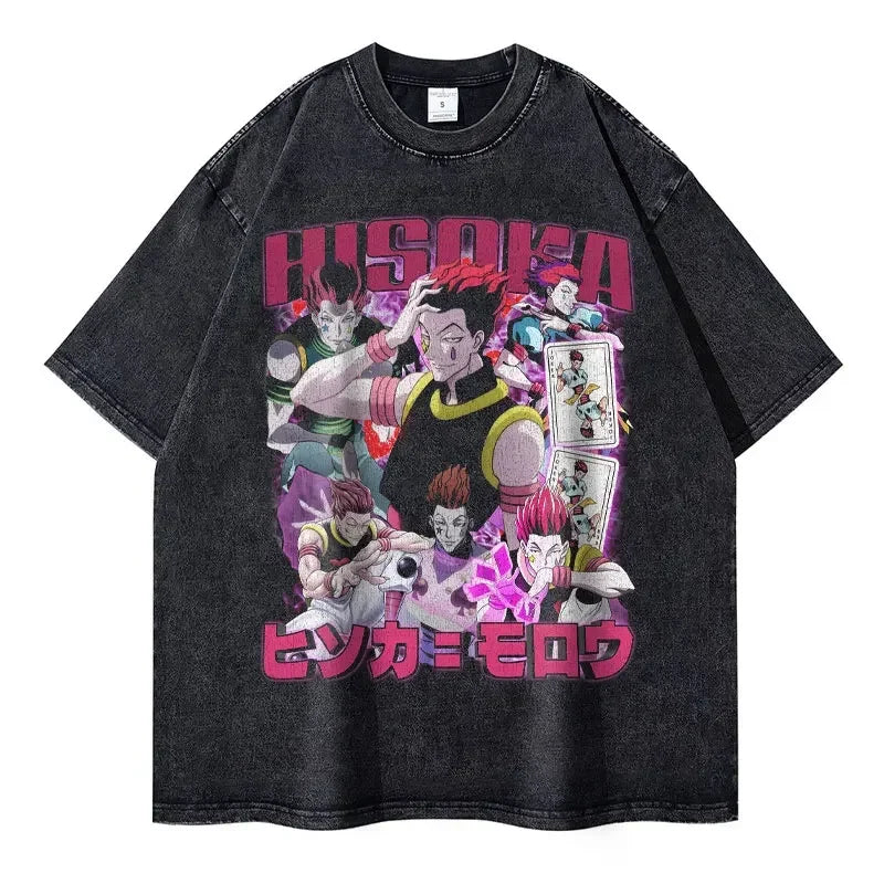T-shirts Vintage Washed Anime Hunter T Shirt Oversize Manga Killua Zoldyck Gon Hisoka Chrollo Tops Tees Men 100% Cotton
