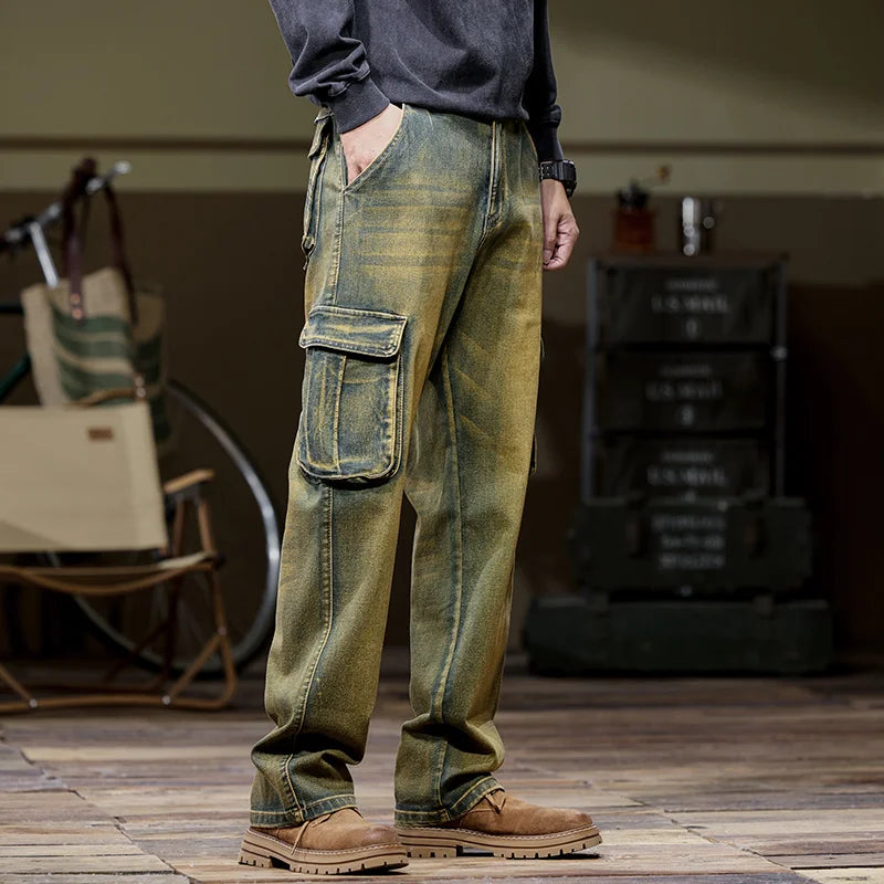 Autumn and winter new styles Men's outdoor multi-pocket cargo jeans Straight loose casual stretch fashion jeans for men