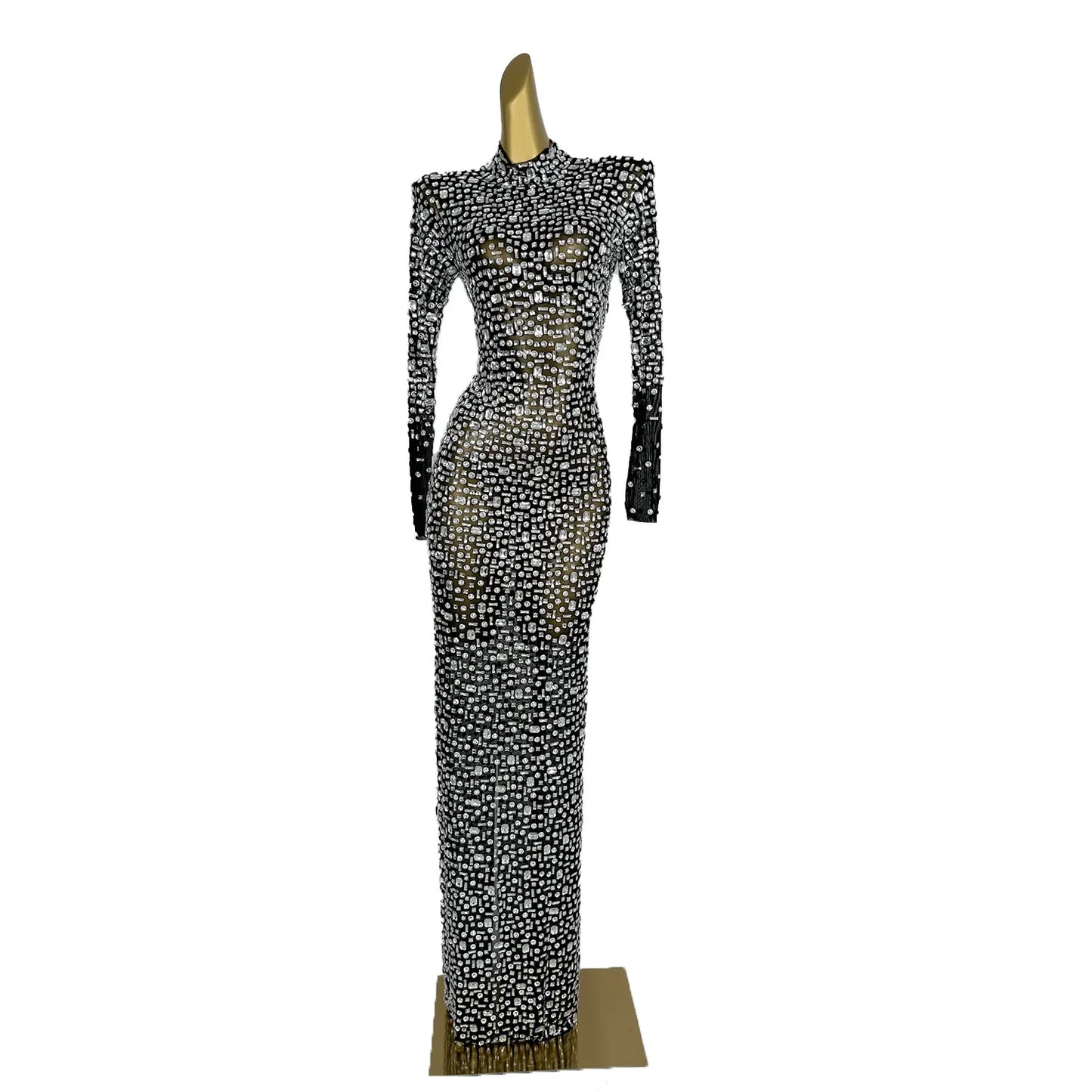 Red Diamonds Dress See Through Long Sleeve Evening Dress Festival Clothing Rhinestone Prom Gowns Special Occasion Dress Gesebei