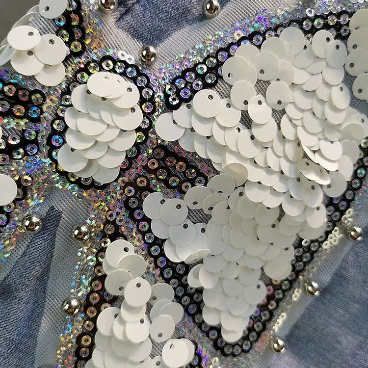 Ladies' Beaded and Sequined Denim Cropped Pants, New Summer Style, Raw-edge Straight-cut, Slim-fitting, Versatile Shorts