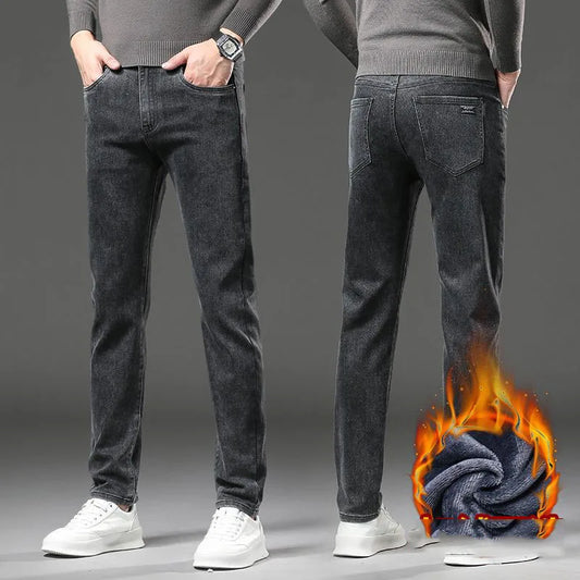 Men's Winter Stretch Fleece Jeans Thickened Warm Loose Straight Velvet Denim Trousers Classic Business Casual Black Work Pants