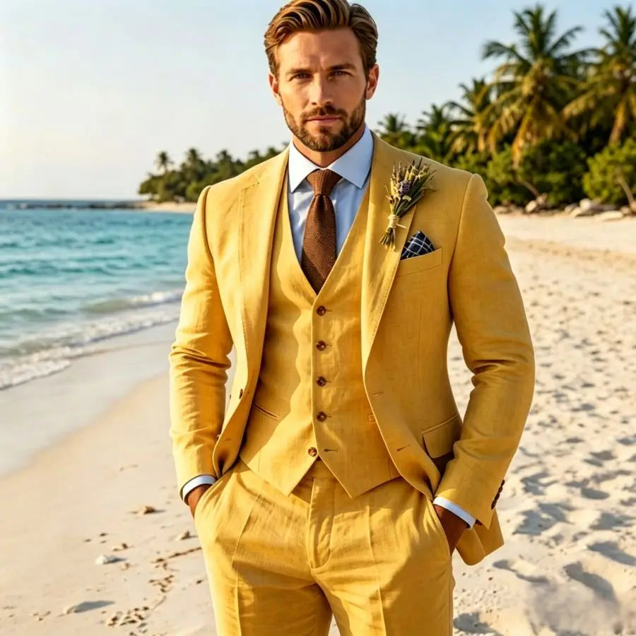 Beige Linen Wedding Suit 3 Piece Set Beach Groom Lightweight Summer Mens Suits Casual Outdoor Fashion Breathable Trousers Vest