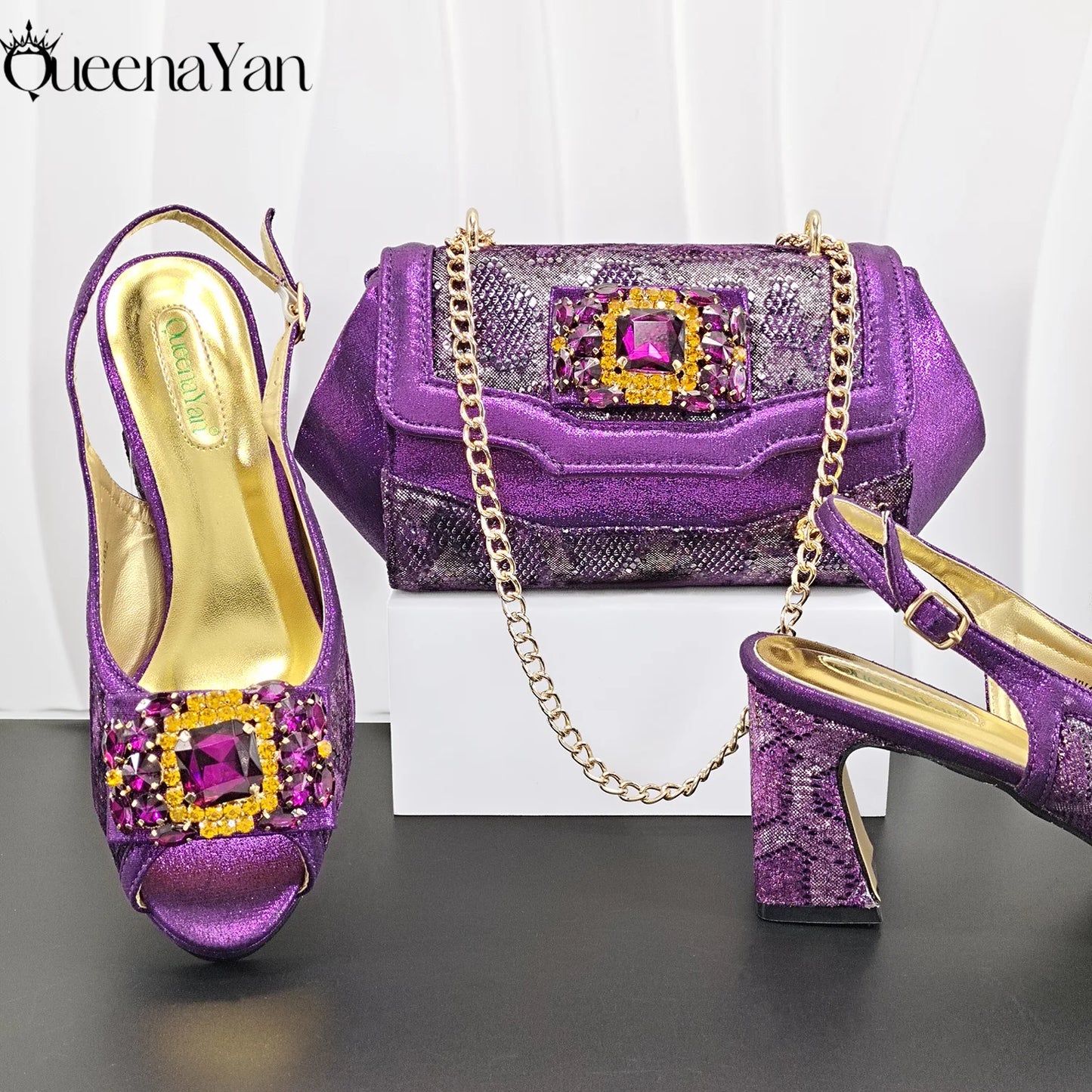Evening's Best Shoes and Bag! Full Diamond Design Irregular Handle Bag Stiletto Heel and Pointed Toe Women's Sho