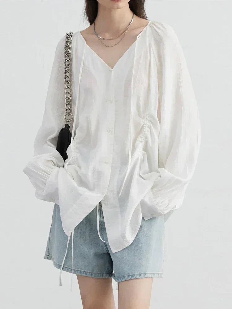 Women Loose Lace Up Shirt Solid New Korean V-neck Pleated Raglan Long Sleeved Blouses Female Tops Spring Summer 2026
