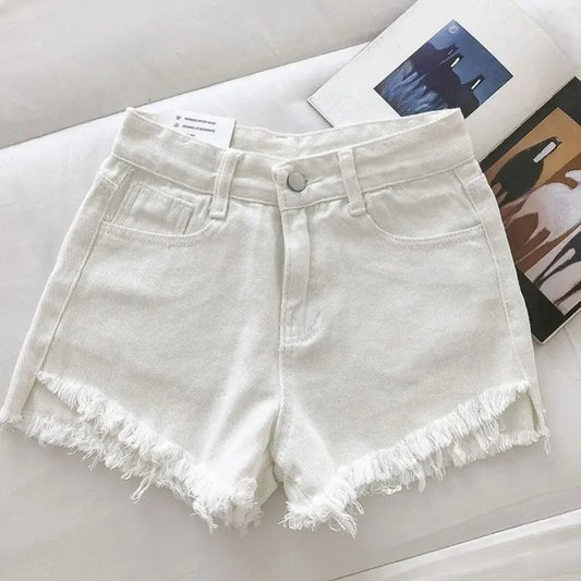 2025 New Summer Women High Wiast Raw Hem Denim Shorts Soild White Black Blue Korean Wide Leg Pants Mon Shorts Jean Shorts