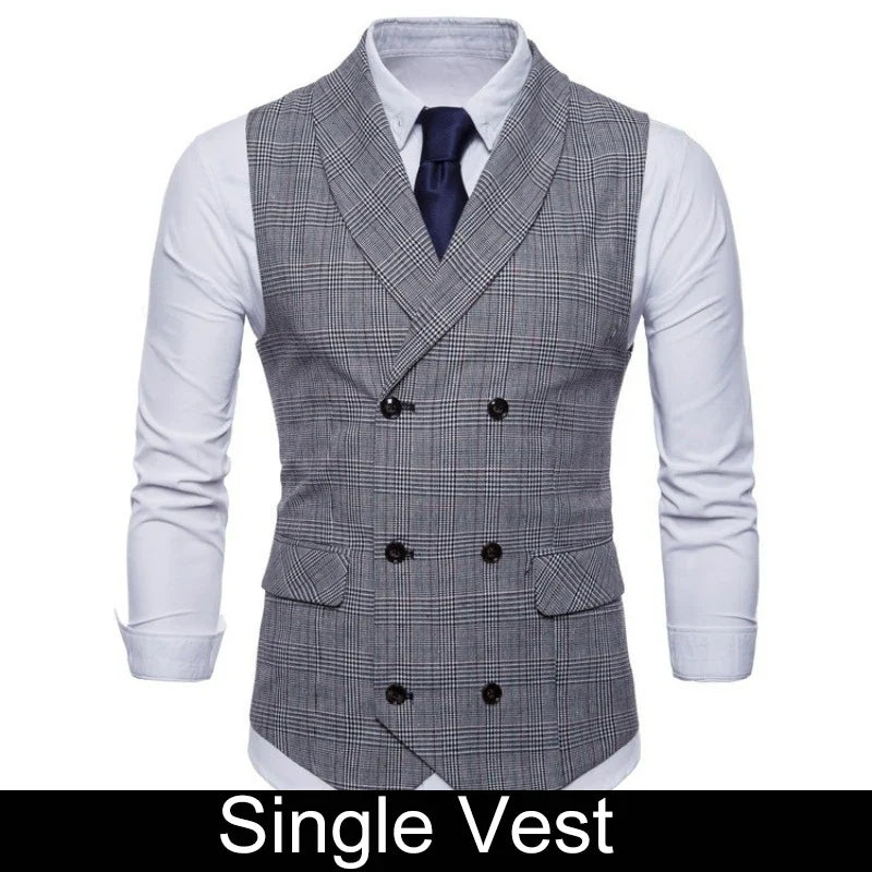 Men Vest Vintage Plaid Turn Down Collar Male Suit Vest Slim Double-breasted Sleeveless Business Casual Man Waistcoat