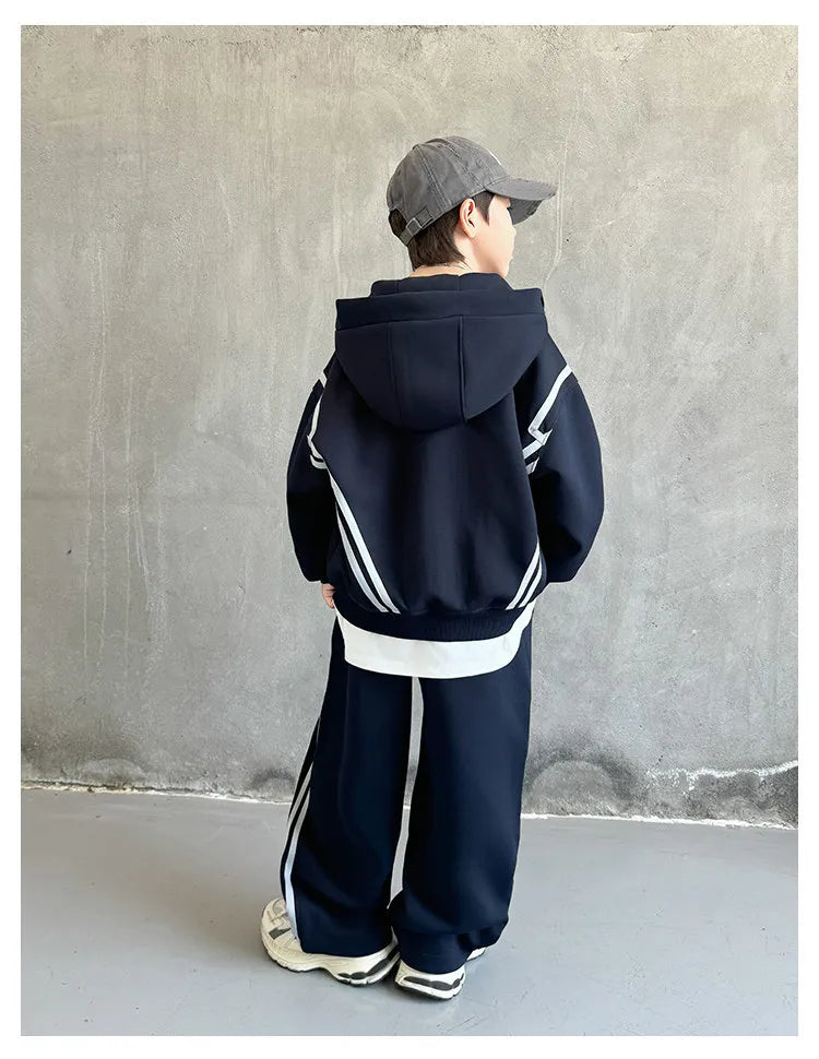 SpringAutumn Boys Navy Striped Zip Sweatshirt Jacket+Sweatpant Work Set School Kids 2PCS Tracksuit Children Jogger Outfit 5-16Yr