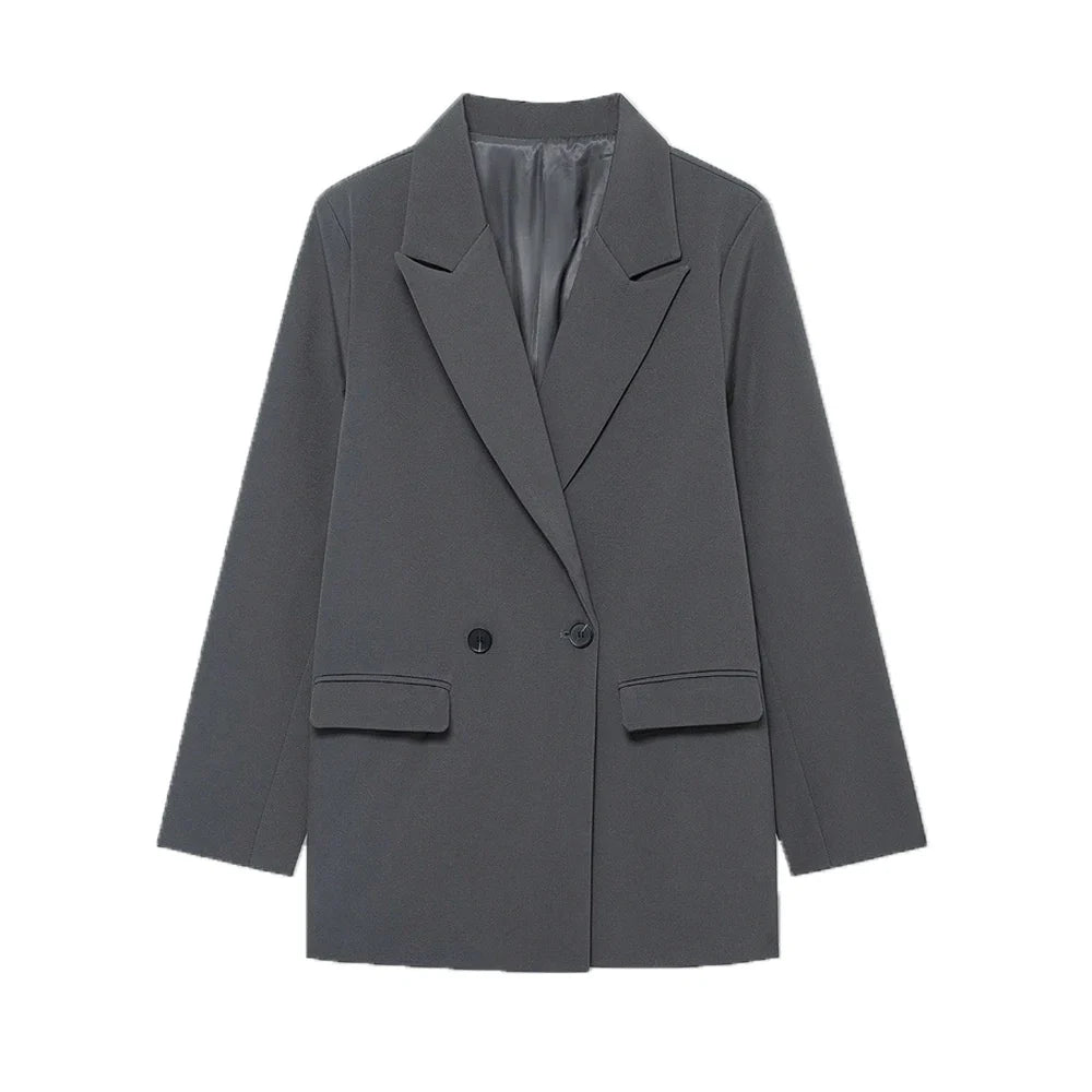 Women's Double-Breasted Solid Color Blazer Coat Long Sleeve Office Wear for Spring Autumn Winter Old Money Style