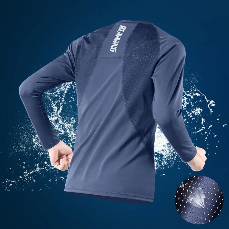 Ice Silk Long Sleeve T-Shirt Men Quick Dry Sun Protection Summer Thin Stretch Sports Top Breathable Mesh