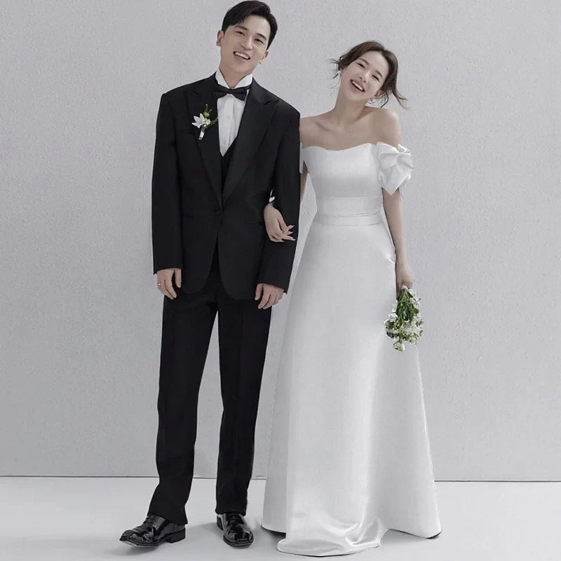 Wedding Dresses Sweet Bow Off The Shoulder For Women 2024 Satin Black Evening Dress Elegant Floor-length Simple Wedding Shooting