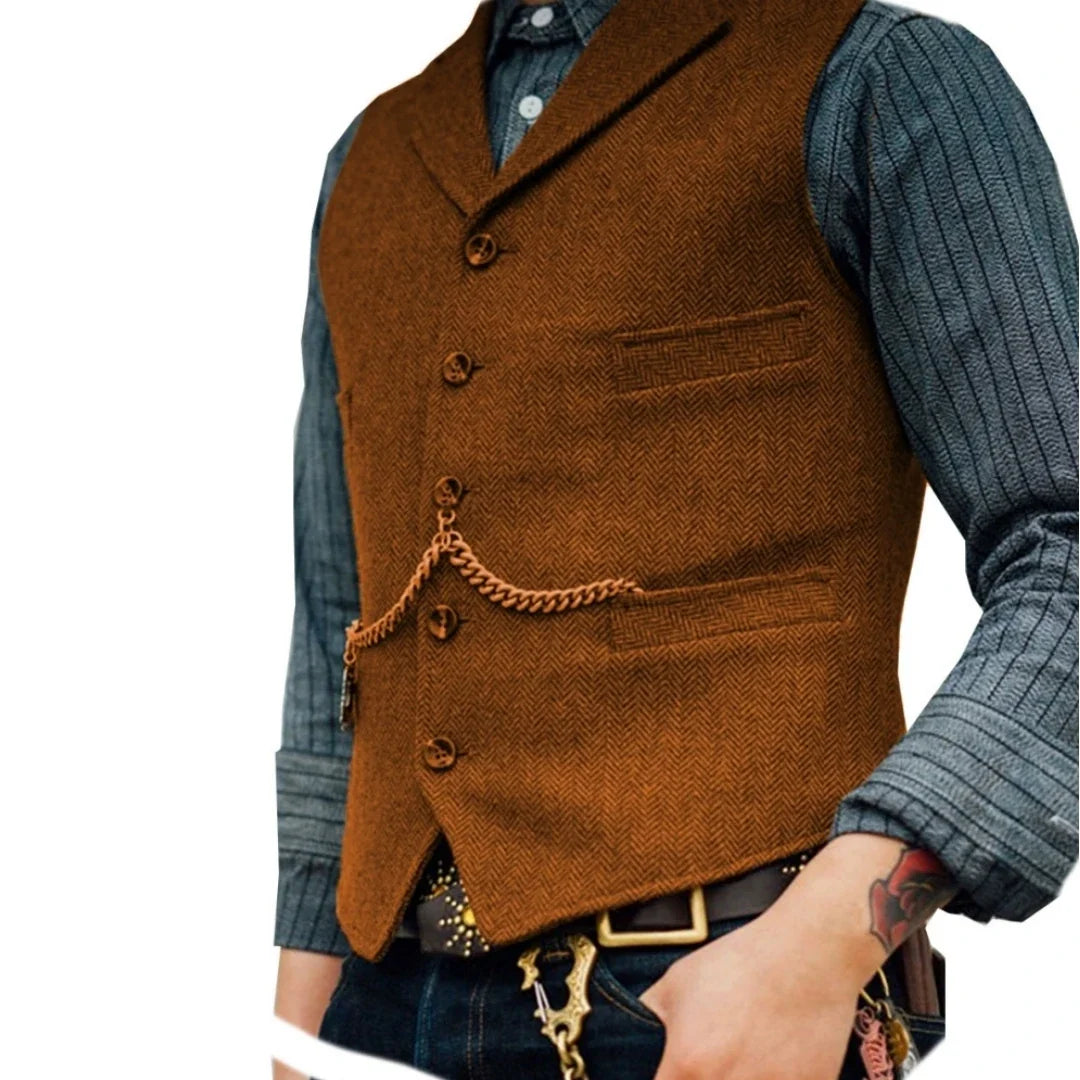 Business Waistcoat Jacket Casual Slim Fit Gilet Homme Vests for Groosmen Man Wedding Men's Suit Vest Brown Wedding Wool Tweed