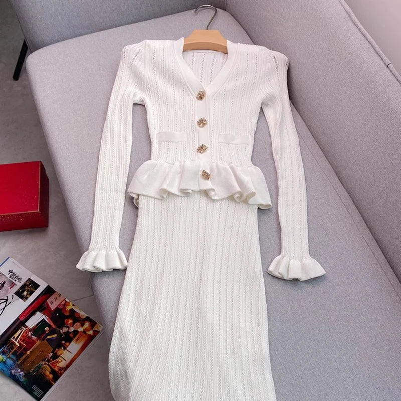 Brand Fashion One-piece Knitted Maxi Dress Women Elegant V-neck Ruffled Slim Waist Bodycon Sweater Dress Party Vestido