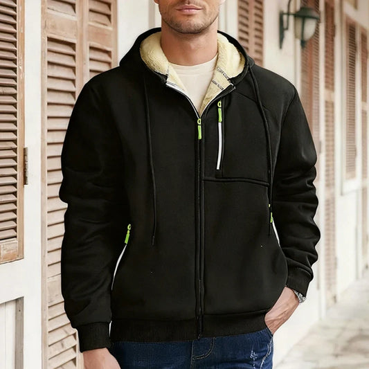 Men's Winter Warm Sherpa Plush Lined Jacket Casual Zip Up Hooded Coat with Zipper Pockets Male Fleece Outerwear Outfits Tops