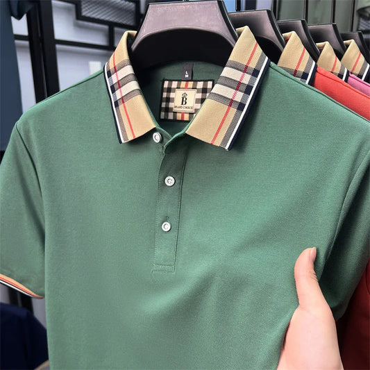 Fashion brand luxury short sleeve polo shirt men summer quality silky cotton breathable business casual striped collar T-shirt