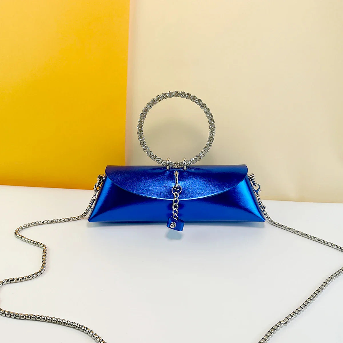 Clutch Bag Luxury Designer Handbag for Women 2025 with Chain Metal Ring Handle PU Leather Rhinestones Purses Shoulder Bag