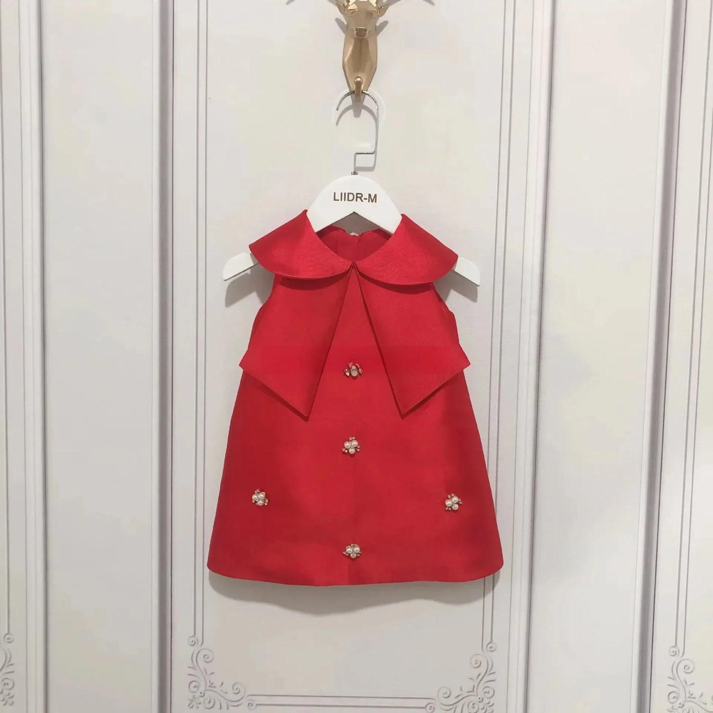 New Girls Western Style Long-Sleeved RedAWord PrincessAExpansion Skirt Handmade Pearl Diamond Dress Skirt