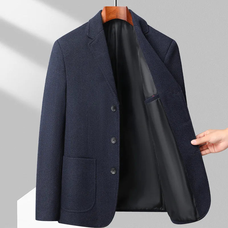 Men's Wool Blazer Herringbone Pattern Casual Business Suit Jacket Comfortable and Stylish Coat
