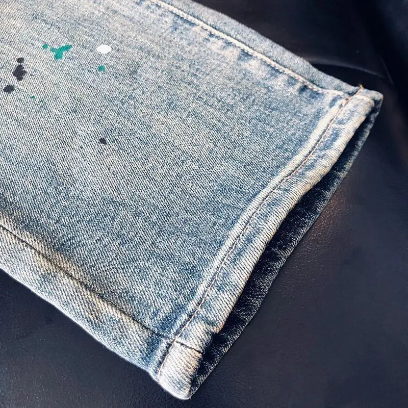 High-quality Blue Jeans Men's 2025 Spring and Summer European Wear Cargo Brand Letter Printing Ink Splashing Straight-leg Pants