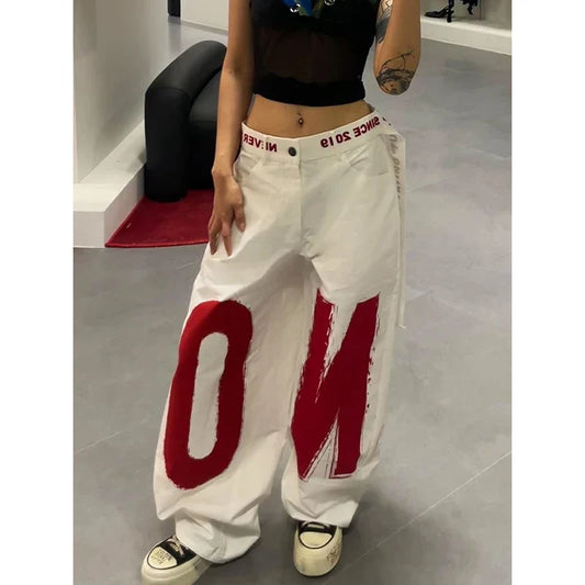 Women White Letter Print Y2k Baggy Jeans 2000s Style Denim Trouser Harajuku Vintage Oversize Hip Hop Jeans Pants Autumn