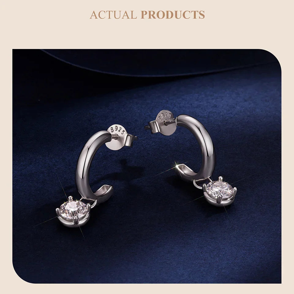 Minimalist Moissanite Hoop Earrings for Women, Half-circle 925 Sterling Silver D Color Round Cut Lab Diamond Earrings
