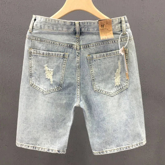 2026 Mens Summer Distressed Denim Shorts Baggy Casual Ripped Jeans Straight Leg Five Inch Shorts Streetwear Loose Fit